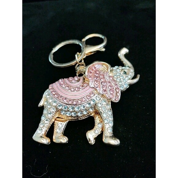 Pink & Gold Tone Rhinestone Elephant Bag Charm Keychain Trunk Up - Picture 2 of 4